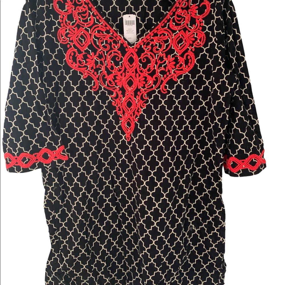Soma Swimsuit Cover Up Tunic Black White Red Embroidery Size Large NWT